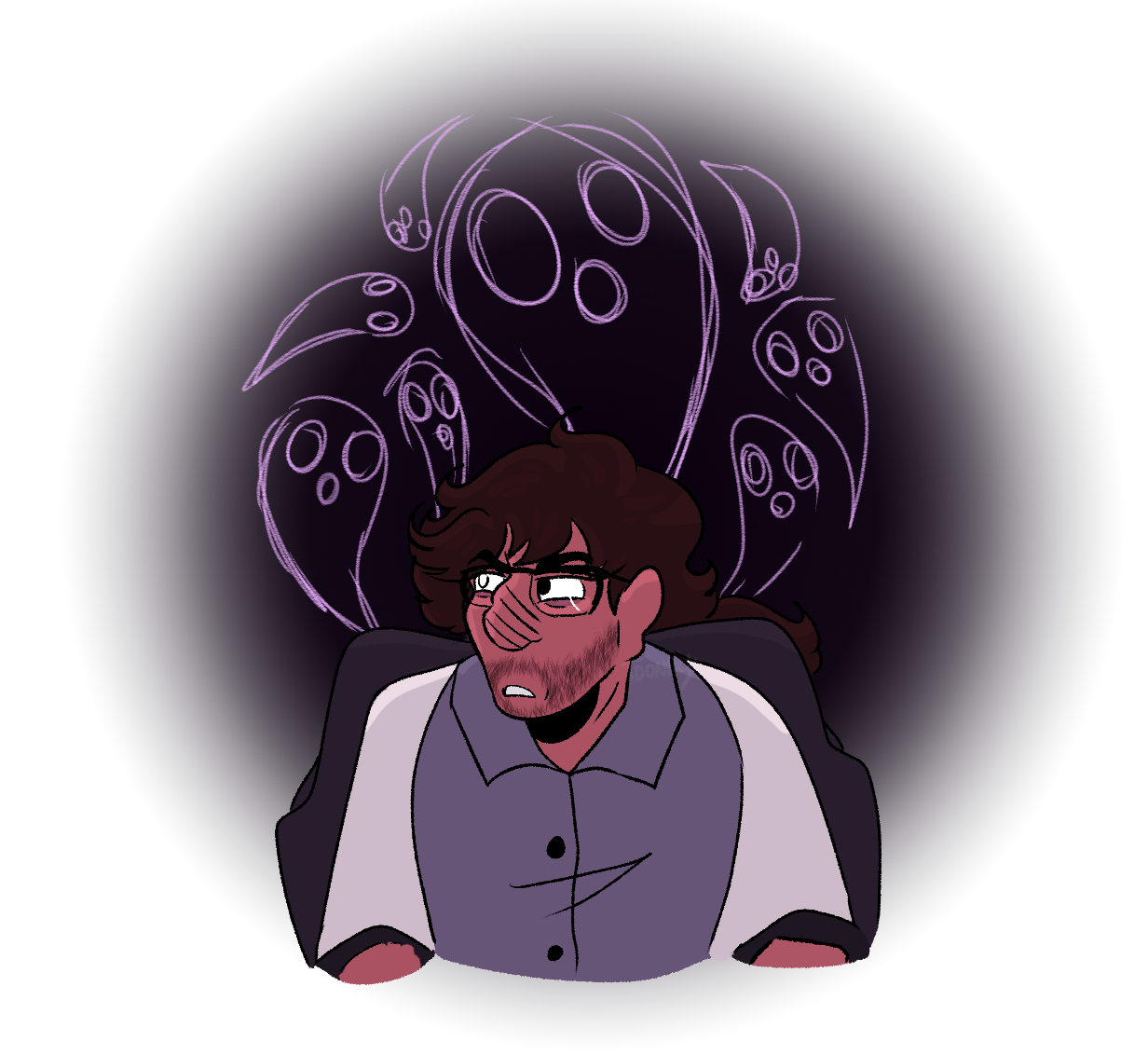 Nathan looking around cautiously as several purple ghosts loom behind him